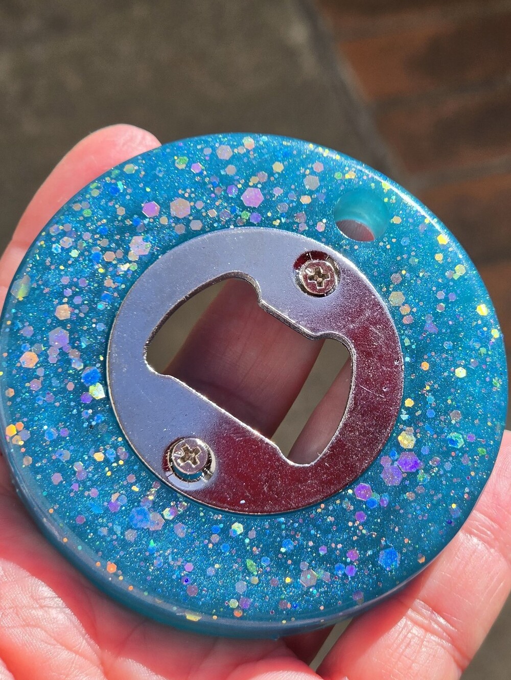 Hand Crafted Teal Blue Glitter Bottle Opener